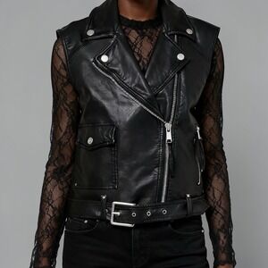 Free People Emilia Vegan Leather Moto Vest Black Waistcoat Biker Core size Small